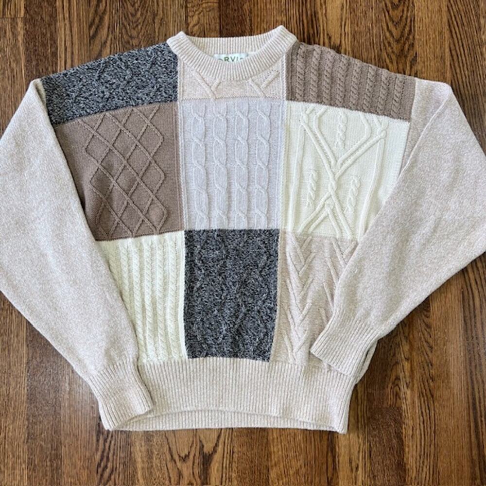 Orvis Patchwork Colorblock Sweater Mens L Beige Pullover Cableknit Crewneck